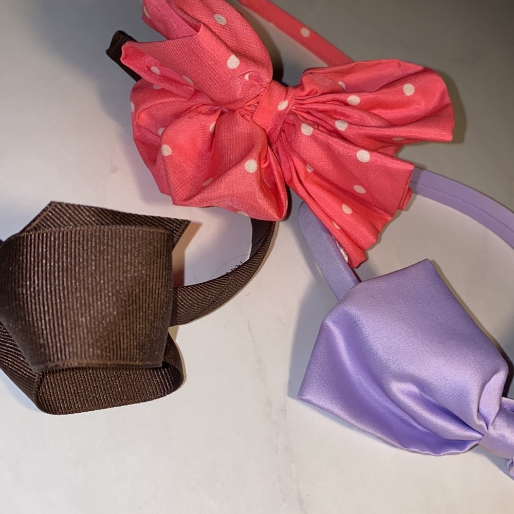 Set of 3 bow headbands lavender purple dark brown coral pink polka dot​ - Picture 9 of 13